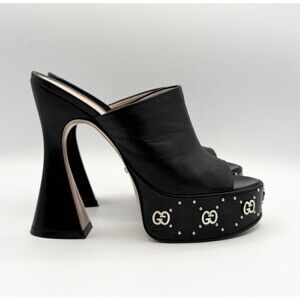 Gucci Janaya Black Leather Platform Mules w/ Silver GG Embellished Accents EU 38